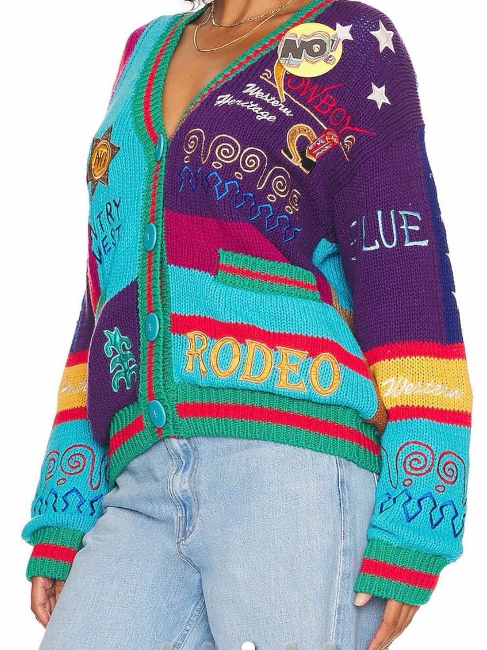 Colorful Patchwork Rodeo Cardigan Sweater - Turquoise & Purple